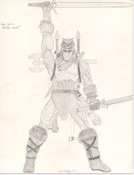 One of my first drawings of Verik Wolf, a barbarian from the Wolf Clan, one of the clans comprising The People of The Ice. He's wearing chitton armor.